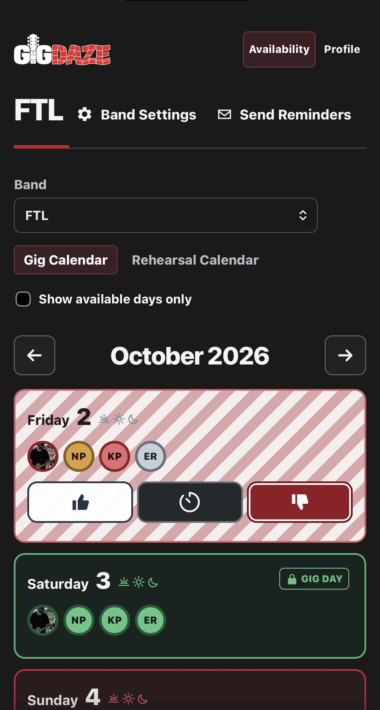 GigDaze availability calendar view